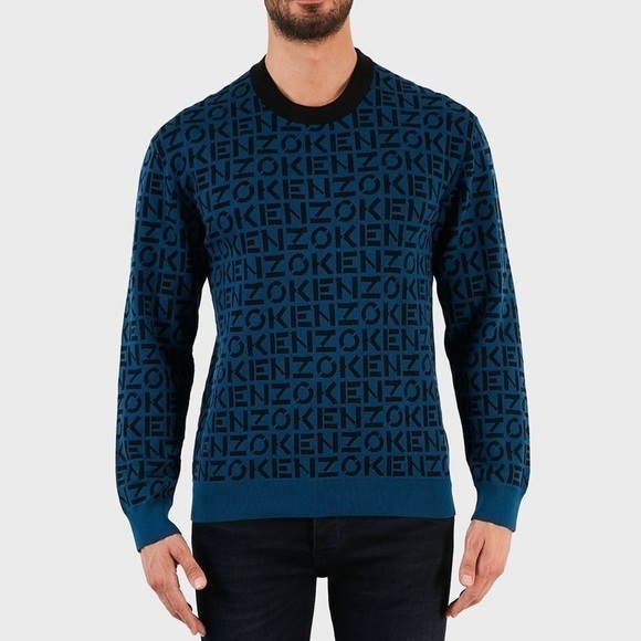NEW KENZO Sport Monogram Knitted Jumper Sweater  Blue Black Men’s Size Medium - Picture 1 of 12